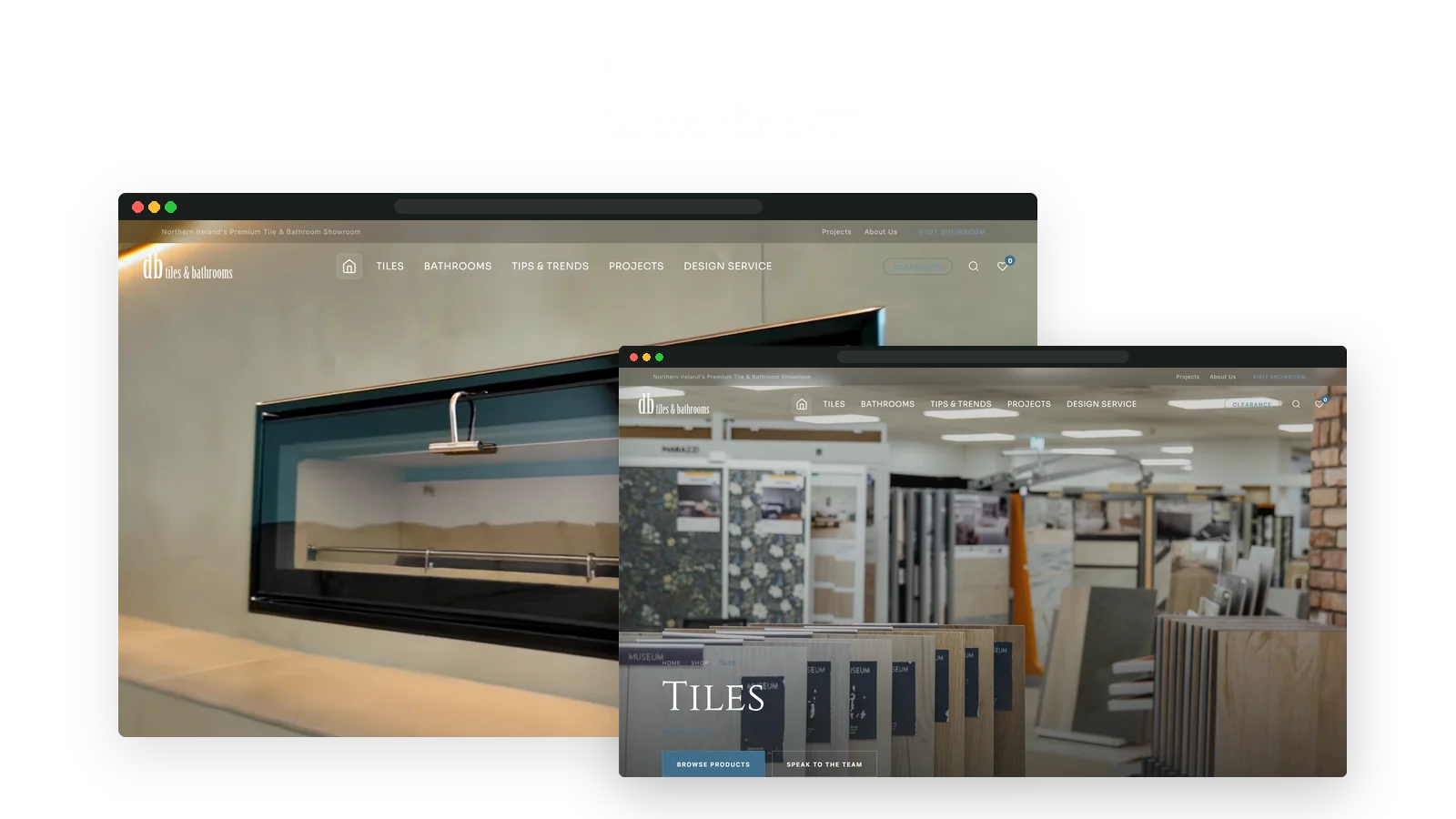 DB Tiles and Bathrooms logo above two browser windows showing the store homepage and the tiles category page set in the Moira showroom