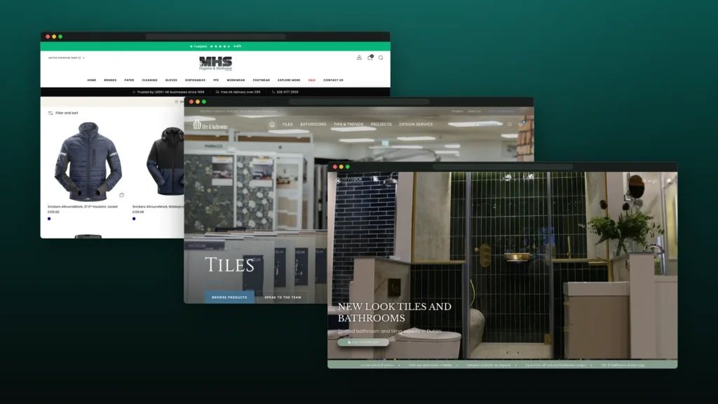 Three ecommerce websites built by Hashtag Media Group shown as overlapping browser windows: the MHS Supplies workwear collection, the DB Tiles tile range and the New Look Tiles and Bathrooms homepage