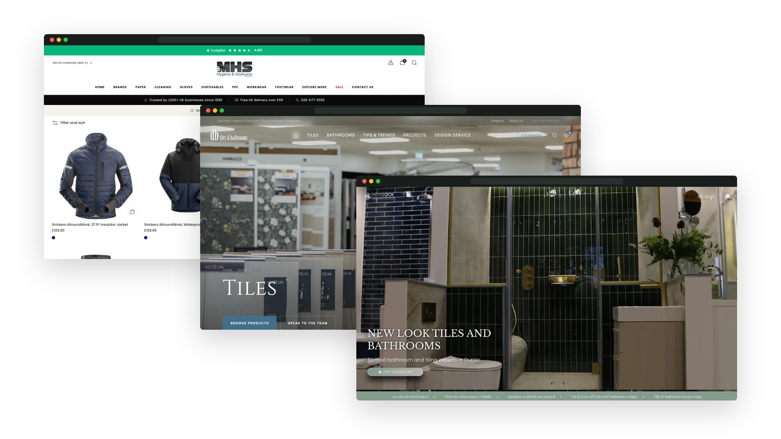 Three ecommerce websites built by Hashtag Media Group shown as overlapping browser windows: the MHS Supplies workwear collection, the DB Tiles tile range and the New Look Tiles and Bathrooms homepage