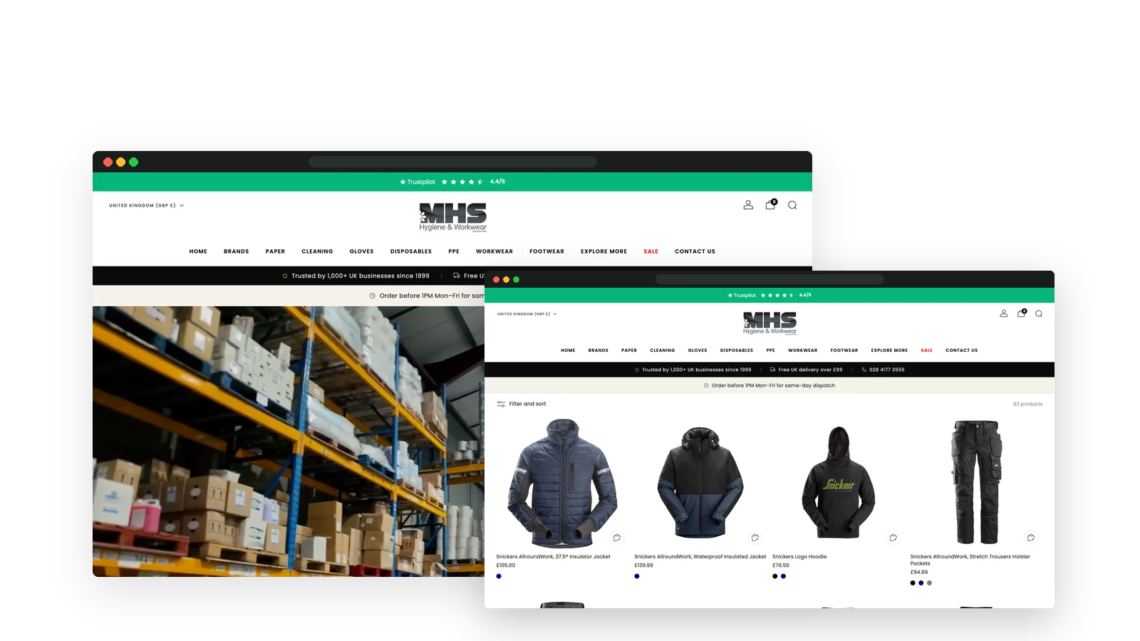 MHS Hygiene and Workwear logo above two browser windows showing the Shopify store homepage with a stocked warehouse and the workwear collection