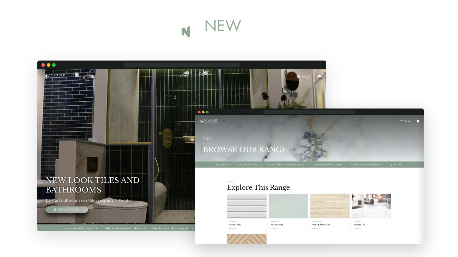 New Look Tiles and Bathrooms logo above two browser windows showing the store homepage with a dark green tiled shower and the tiles range page